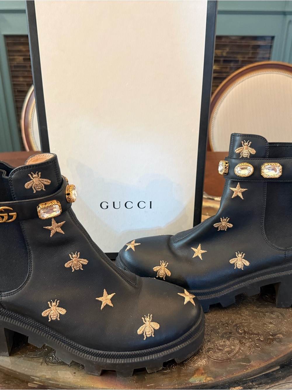 Gucci Black Woman’s Bee & Star Embroidered Chelsea Boots with Jeweled Strap - Picture 8 of 9